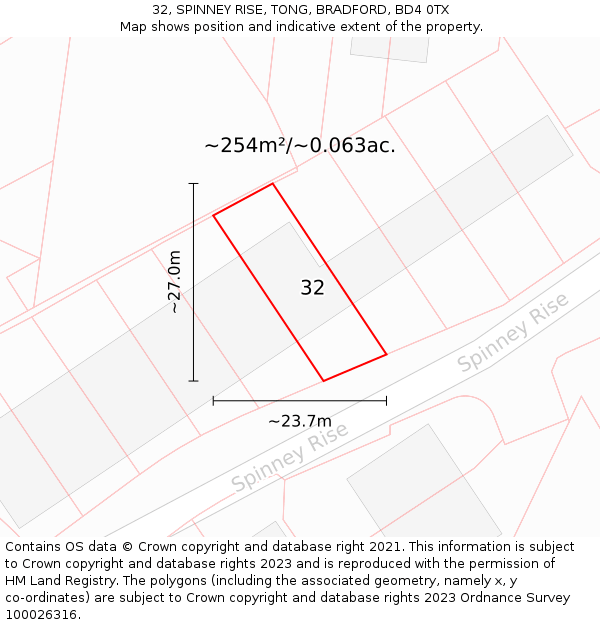 32, SPINNEY RISE, TONG, BRADFORD, BD4 0TX: Plot and title map