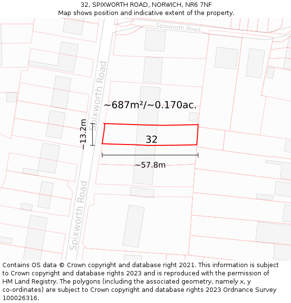 32, SPIXWORTH ROAD, NORWICH, NR6 7NF: Plot and title map