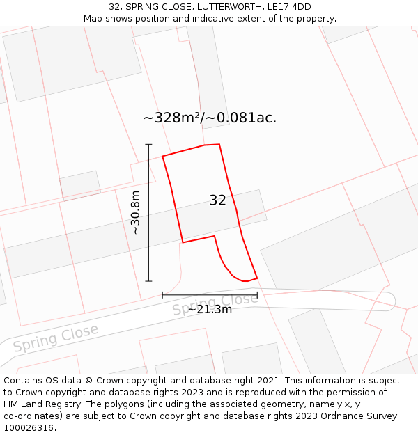 32, SPRING CLOSE, LUTTERWORTH, LE17 4DD: Plot and title map