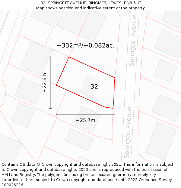 32, SPRINGETT AVENUE, RINGMER, LEWES, BN8 5HE: Plot and title map