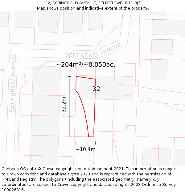 32, SPRINGFIELD AVENUE, FELIXSTOWE, IP11 9JZ: Plot and title map