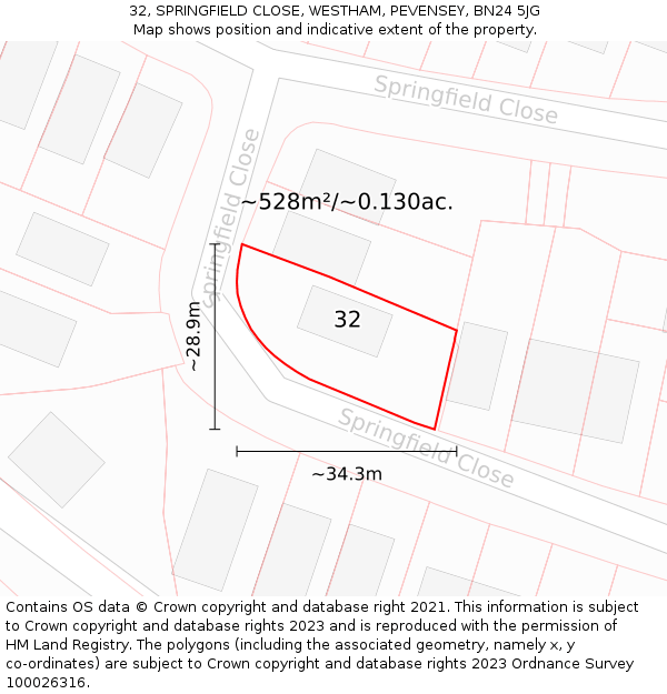 32, SPRINGFIELD CLOSE, WESTHAM, PEVENSEY, BN24 5JG: Plot and title map