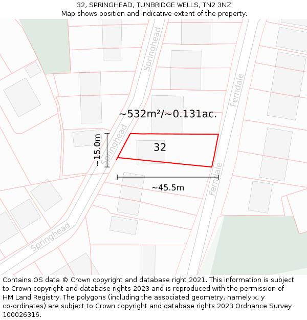 32, SPRINGHEAD, TUNBRIDGE WELLS, TN2 3NZ: Plot and title map