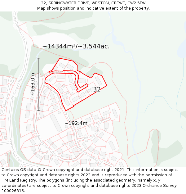 32, SPRINGWATER DRIVE, WESTON, CREWE, CW2 5FW: Plot and title map