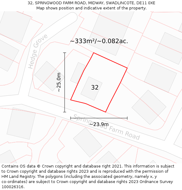32, SPRINGWOOD FARM ROAD, MIDWAY, SWADLINCOTE, DE11 0XE: Plot and title map