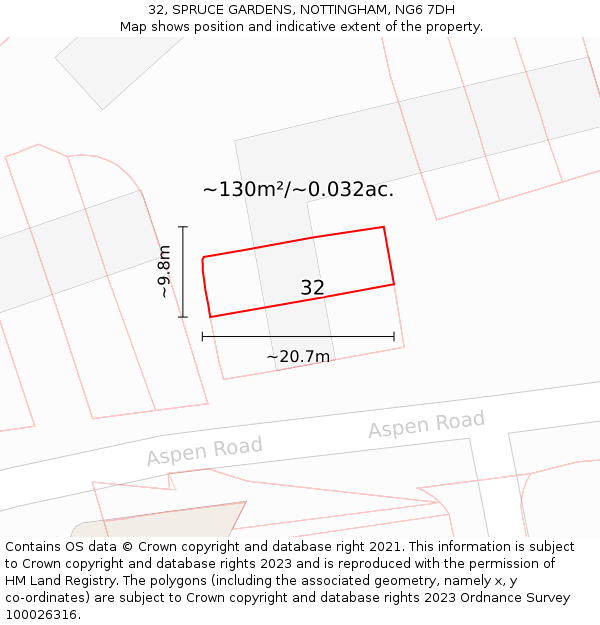 32, SPRUCE GARDENS, NOTTINGHAM, NG6 7DH: Plot and title map