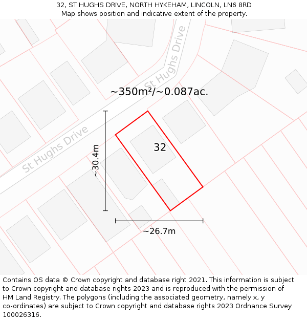 32, ST HUGHS DRIVE, NORTH HYKEHAM, LINCOLN, LN6 8RD: Plot and title map