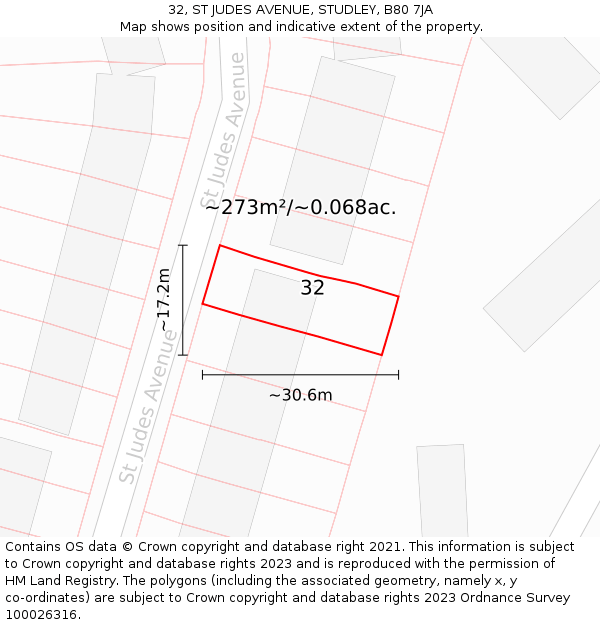 32, ST JUDES AVENUE, STUDLEY, B80 7JA: Plot and title map