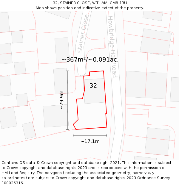 32, STAINER CLOSE, WITHAM, CM8 1RU: Plot and title map