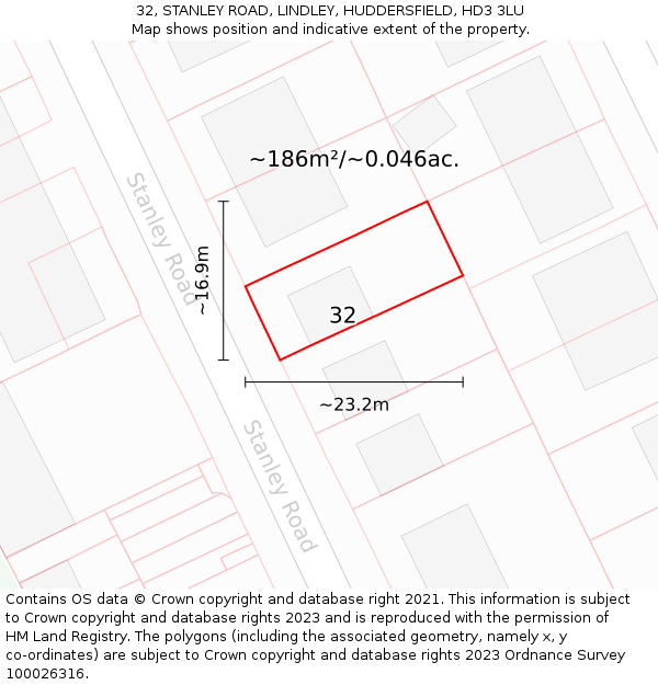 32, STANLEY ROAD, LINDLEY, HUDDERSFIELD, HD3 3LU: Plot and title map