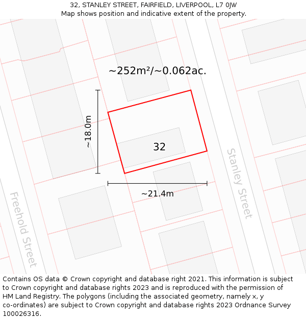 32, STANLEY STREET, FAIRFIELD, LIVERPOOL, L7 0JW: Plot and title map