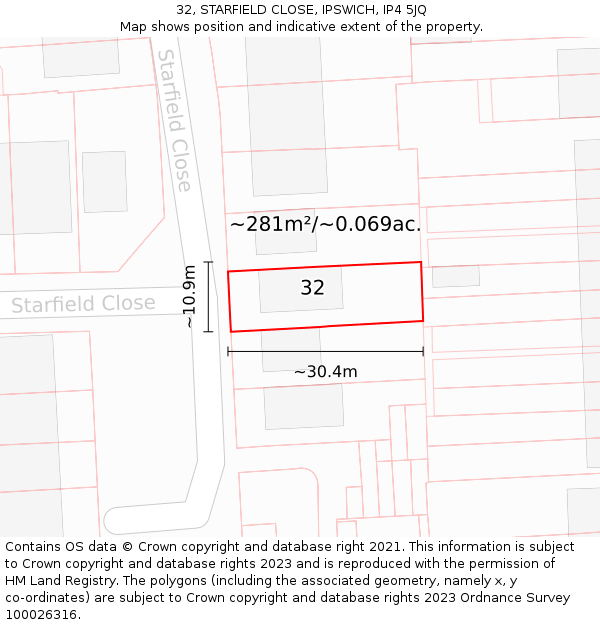 32, STARFIELD CLOSE, IPSWICH, IP4 5JQ: Plot and title map