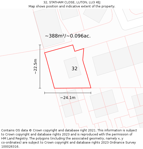 32, STATHAM CLOSE, LUTON, LU3 4EJ: Plot and title map