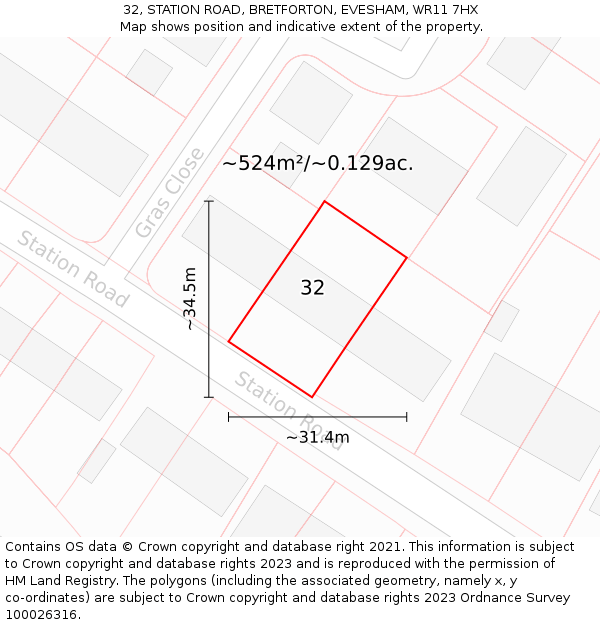 32, STATION ROAD, BRETFORTON, EVESHAM, WR11 7HX: Plot and title map