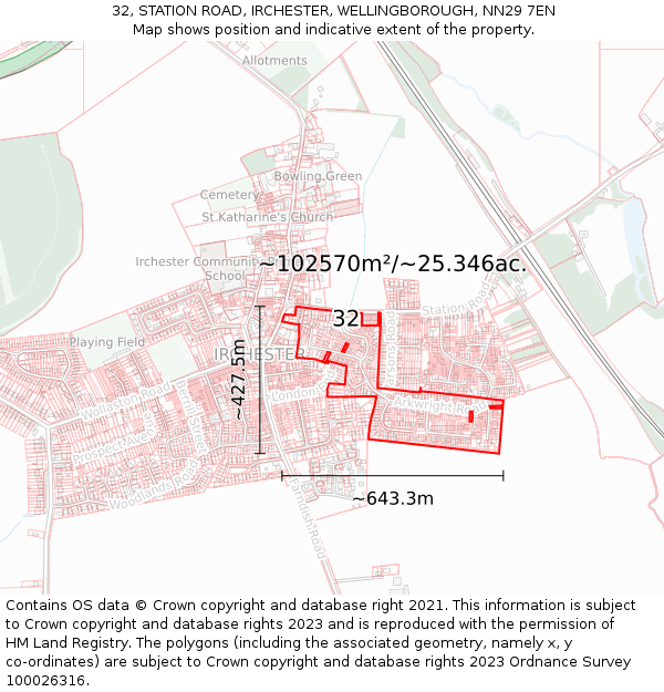 32, STATION ROAD, IRCHESTER, WELLINGBOROUGH, NN29 7EN: Plot and title map