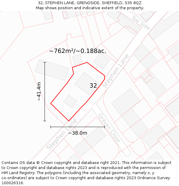 32, STEPHEN LANE, GRENOSIDE, SHEFFIELD, S35 8QZ: Plot and title map
