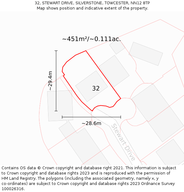32, STEWART DRIVE, SILVERSTONE, TOWCESTER, NN12 8TP: Plot and title map