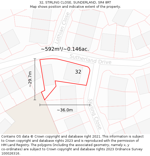32, STIRLING CLOSE, SUNDERLAND, SR4 8RT: Plot and title map