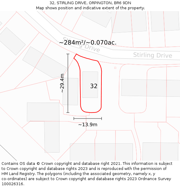 32, STIRLING DRIVE, ORPINGTON, BR6 9DN: Plot and title map
