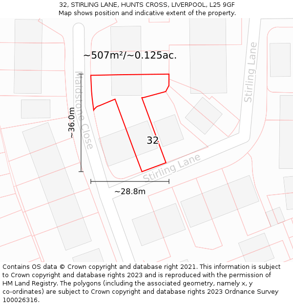32, STIRLING LANE, HUNTS CROSS, LIVERPOOL, L25 9GF: Plot and title map