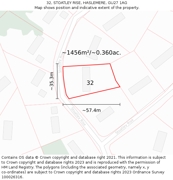 32, STOATLEY RISE, HASLEMERE, GU27 1AG: Plot and title map