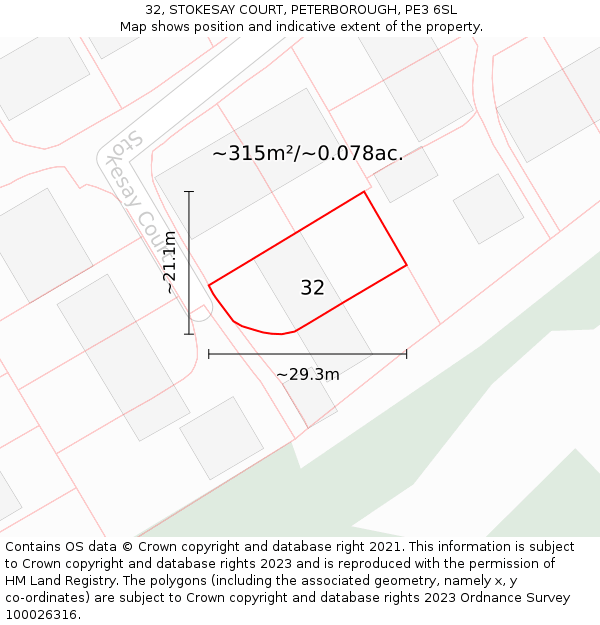 32, STOKESAY COURT, PETERBOROUGH, PE3 6SL: Plot and title map