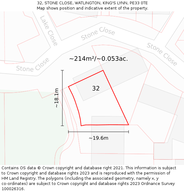 32, STONE CLOSE, WATLINGTON, KING'S LYNN, PE33 0TE: Plot and title map