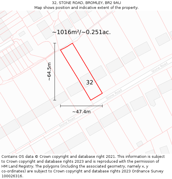 32, STONE ROAD, BROMLEY, BR2 9AU: Plot and title map