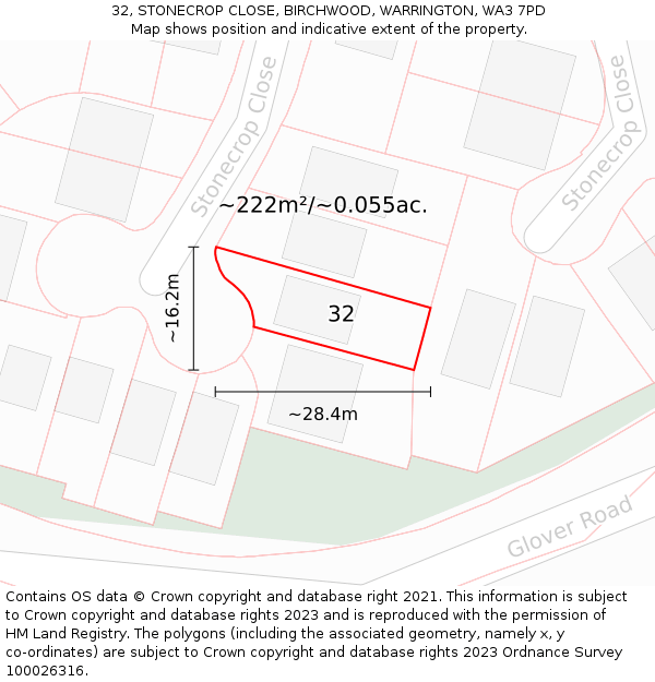 32, STONECROP CLOSE, BIRCHWOOD, WARRINGTON, WA3 7PD: Plot and title map