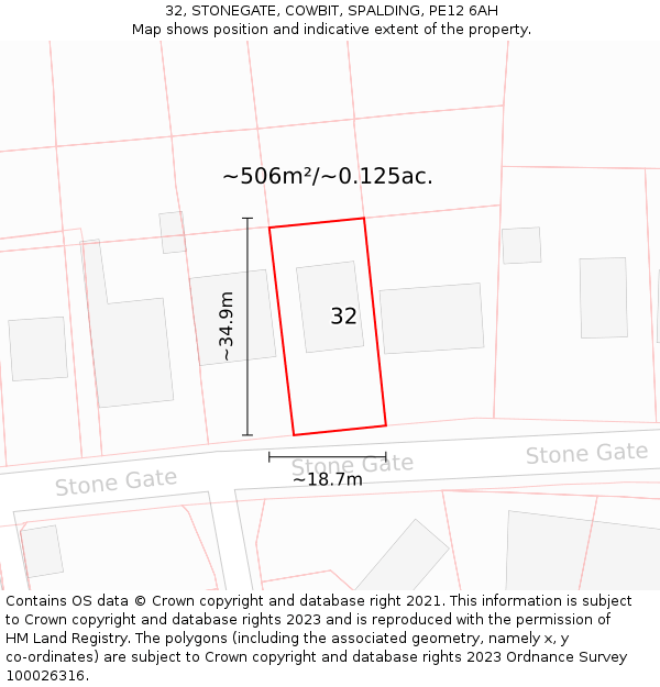 32, STONEGATE, COWBIT, SPALDING, PE12 6AH: Plot and title map