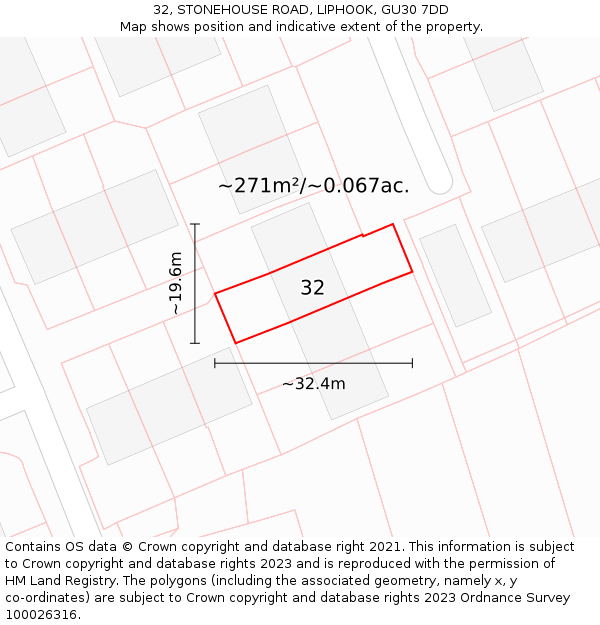 32, STONEHOUSE ROAD, LIPHOOK, GU30 7DD: Plot and title map