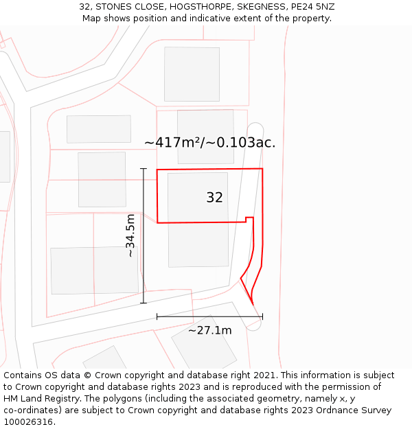 32, STONES CLOSE, HOGSTHORPE, SKEGNESS, PE24 5NZ: Plot and title map