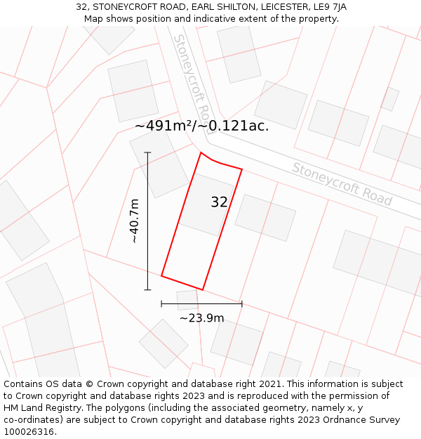 32, STONEYCROFT ROAD, EARL SHILTON, LEICESTER, LE9 7JA: Plot and title map