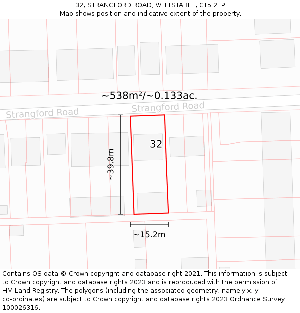 32, STRANGFORD ROAD, WHITSTABLE, CT5 2EP: Plot and title map