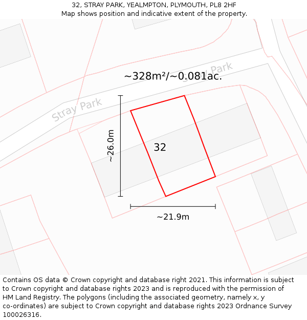 32, STRAY PARK, YEALMPTON, PLYMOUTH, PL8 2HF: Plot and title map