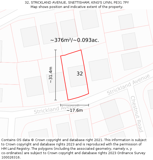 32, STRICKLAND AVENUE, SNETTISHAM, KING'S LYNN, PE31 7PY: Plot and title map