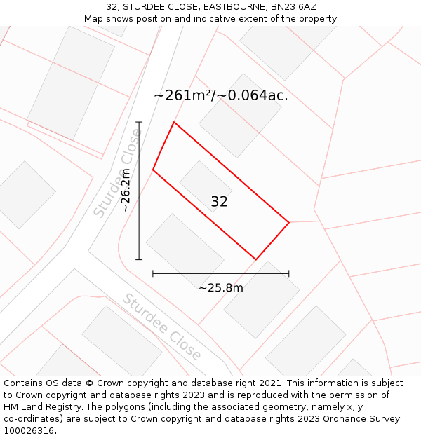 32, STURDEE CLOSE, EASTBOURNE, BN23 6AZ: Plot and title map