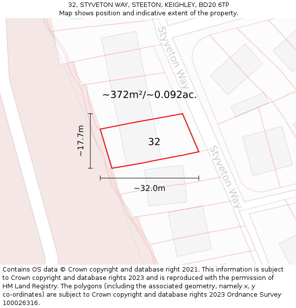 32, STYVETON WAY, STEETON, KEIGHLEY, BD20 6TP: Plot and title map
