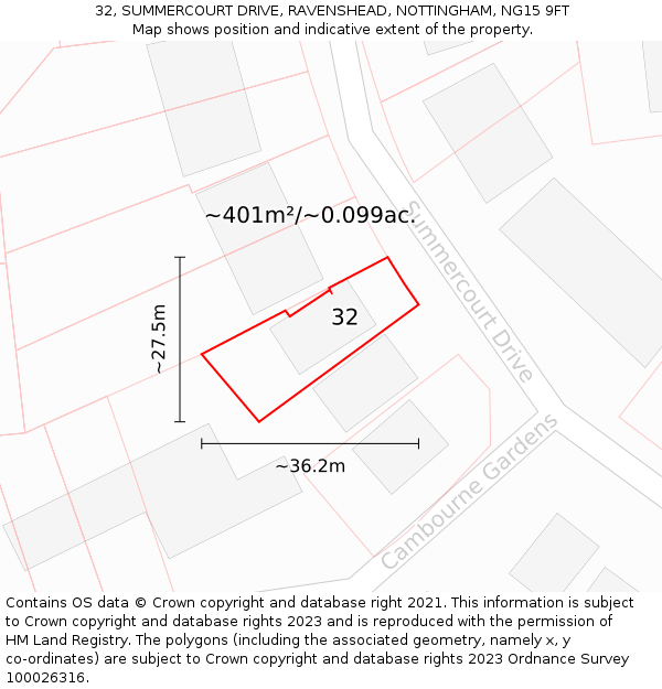 32, SUMMERCOURT DRIVE, RAVENSHEAD, NOTTINGHAM, NG15 9FT: Plot and title map