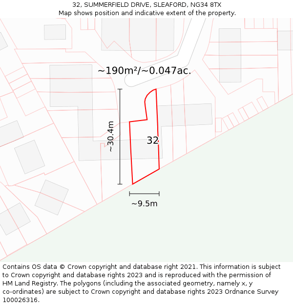 32, SUMMERFIELD DRIVE, SLEAFORD, NG34 8TX: Plot and title map