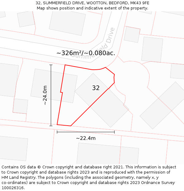 32, SUMMERFIELD DRIVE, WOOTTON, BEDFORD, MK43 9FE: Plot and title map