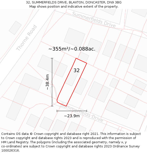 32, SUMMERFIELDS DRIVE, BLAXTON, DONCASTER, DN9 3BG: Plot and title map