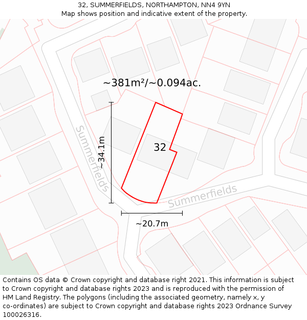 32, SUMMERFIELDS, NORTHAMPTON, NN4 9YN: Plot and title map