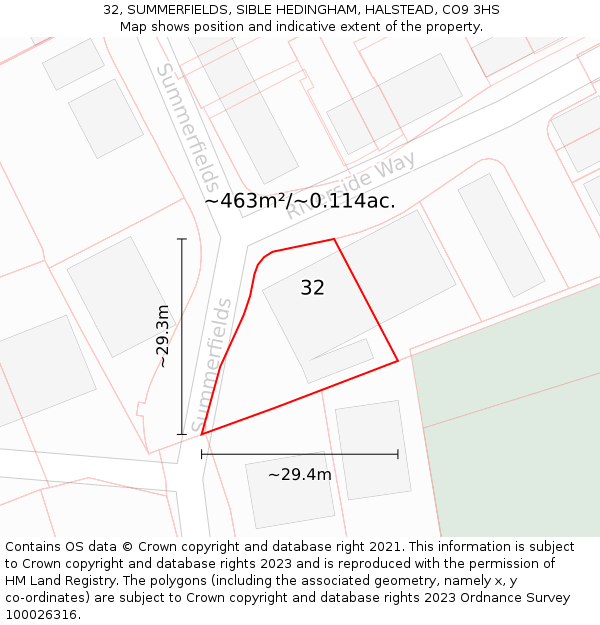 32, SUMMERFIELDS, SIBLE HEDINGHAM, HALSTEAD, CO9 3HS: Plot and title map