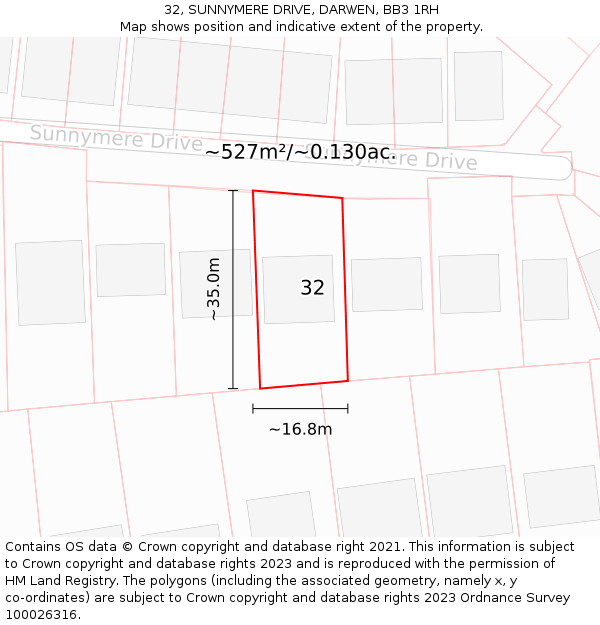 32, SUNNYMERE DRIVE, DARWEN, BB3 1RH: Plot and title map