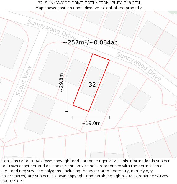 32, SUNNYWOOD DRIVE, TOTTINGTON, BURY, BL8 3EN: Plot and title map