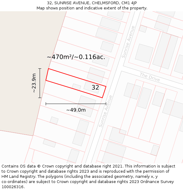 32, SUNRISE AVENUE, CHELMSFORD, CM1 4JP: Plot and title map