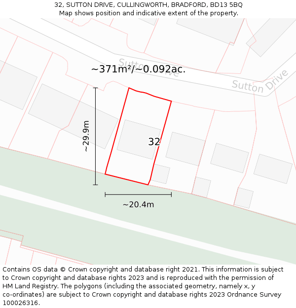 32, SUTTON DRIVE, CULLINGWORTH, BRADFORD, BD13 5BQ: Plot and title map