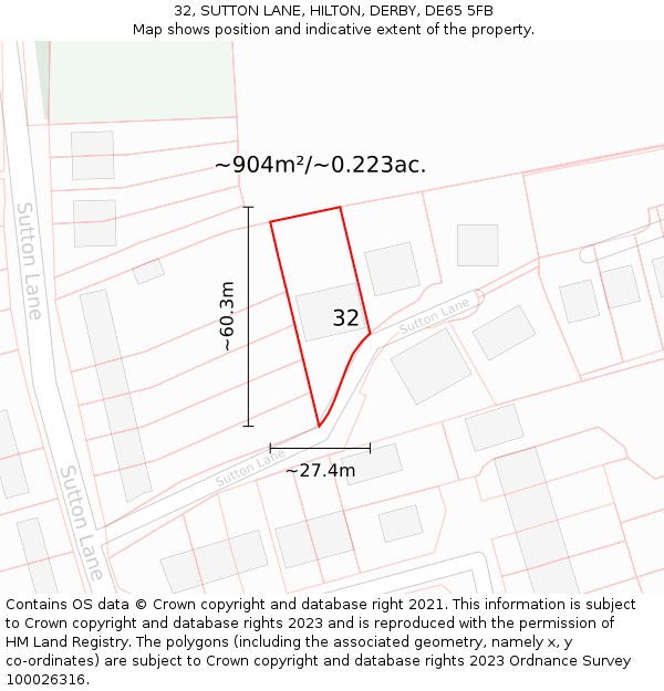 32, SUTTON LANE, HILTON, DERBY, DE65 5FB: Plot and title map