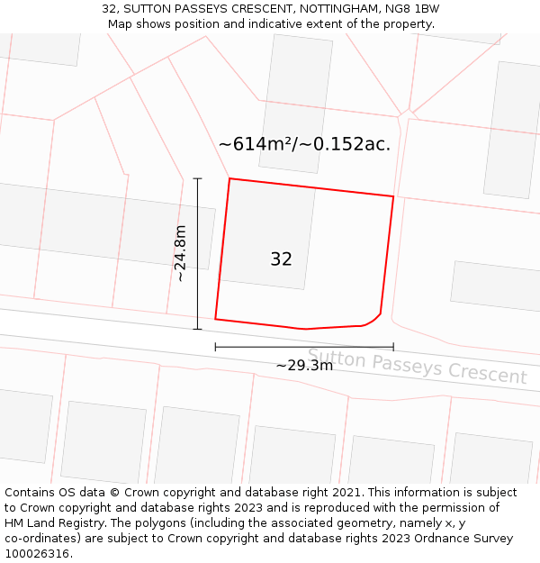 32, SUTTON PASSEYS CRESCENT, NOTTINGHAM, NG8 1BW: Plot and title map